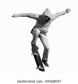 young skater doing a jumping trick on a skateboard, black-and-white vector illustration