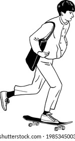 Young skater man ride skateboard Hand drawn illustration vector