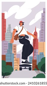 Young skater on skateboard in city downtown, riding among skyscrapers. Happy giant big character, skateboarder on skate board in modern metropolitain with tower buildings. Flat vector illustration