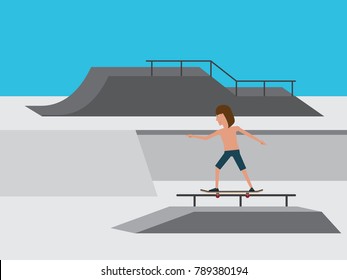 Young skater slides over a railing on a skateboard in a skate park. Sport, fitness, health, lifestyle and people concept illustration vector.
