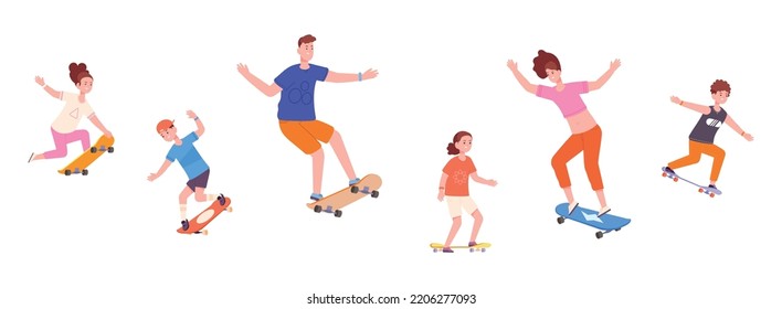 Young skaters on board. Female and man longboarder kids skater longboarding, action workout extreme riding longboard, teenagers girl guy skate sport characters vector illustration