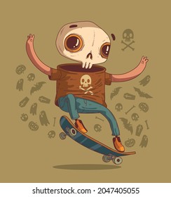 Young skeleton fellow doing skateboard stunts against a background of Halloween symbols