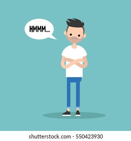 Young skeptical bearded man crossing arms and tilting head / flat editable vector illustration