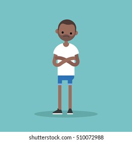 Young skeptical black man crossing arms and tilting head / flat editable vector illustration