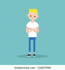 Young skeptical blonde boy crossing arms and tilting head / flat editable vector illustration