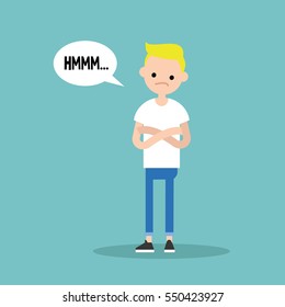 Young skeptical blonde boy crossing arms and tilting head / flat editable vector illustration