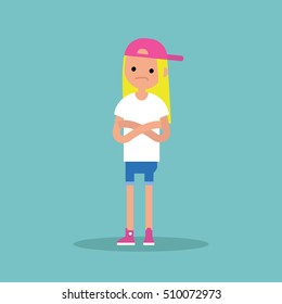 Young skeptical blonde girl crossing arms and tilting head / flat editable vector illustration