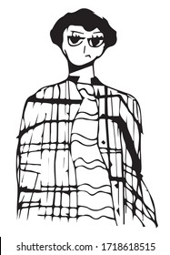 Young skeptical cynic man sketch drawing. Standing hands down, big eyes, plaid shirt Vector illustration