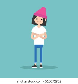 Young skeptical girl crossing arms and tilting head / flat editable vector illustration