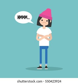 Young skeptical girl crossing arms and tilting head / flat editable vector illustration