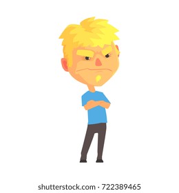 Young skeptical man crossing his arms cartoon vector illustration