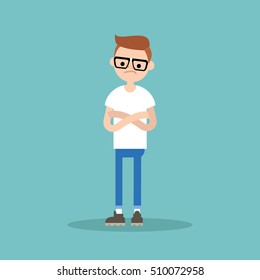 Young skeptical nerd crossing arms and tilting head / flat editable vector illustration