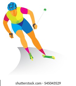 Young skier participates in competitions on roller skis