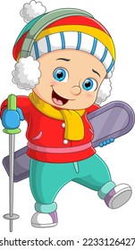 Young skier wearing scarf in winter sport and entertainment of illustration
