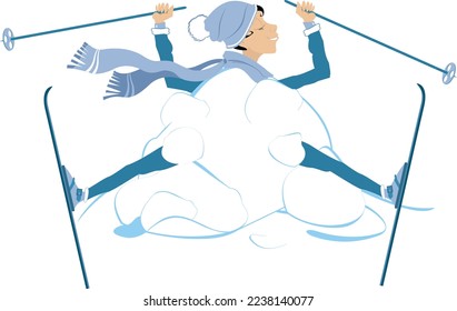 Young skier woman and a big snowdrift illustration. 
Skiing young woman. Skier woman appears from the big snowdrift. Isolated on white background
