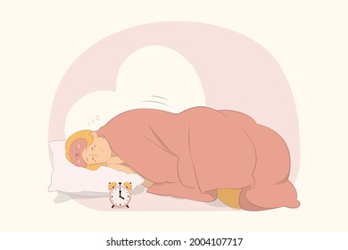 Young sleeping girl lying lies wrap covered under blanket duvet on pillow concept