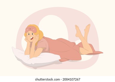 Young sleeping girl took off blindfold eye mask Good mood concept