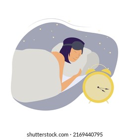 Young sleeping girl wearing blindfold on the pillow near big yellow alarm clock flat vector isolated