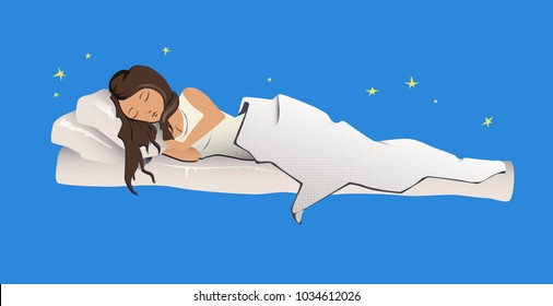 Young sleeping girl. Woman sleeping on white bed sheet and pillow. Vector Illustration, isolated on blue.