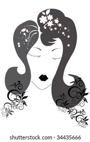 young sleeping lady with floral elements on white background
