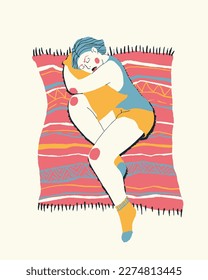 Young sleeping woman. A beautiful girl sleeps on a blanket, hugging a pillow. Hand drawn illustration with a young woman relaxing in home clothes. Cozy vector art in trendy colors.