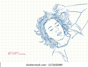 Young sleeping woman, Blue pen sketch on square grid diary page, Hand drawn vector illustration
