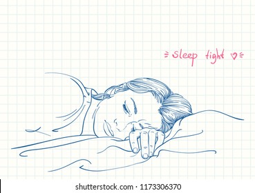 Young sleeping woman, Blue pen sketch on square grid diary page, Hand drawn vector illustration