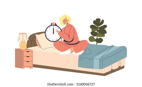 Young sleepless girl sitting on bed in bedroom hold big clock suffering from insomnia. Unhappy tired female with sleeping disorder illness. Cartoon flat vector illustration