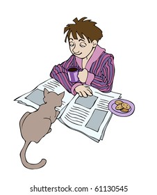 A young sleepy man in bathrobe is reading a morning newspaper, drinking coffee while his cat is staring at him