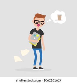 Young sleepy manager dreaming about coffee. Morning at the office. Daily life. Flat editable vector illustration, clip art