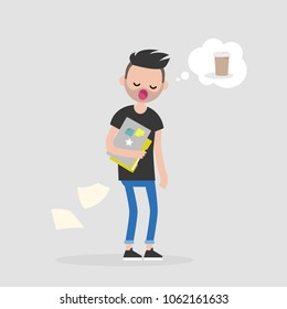 Young sleepy manager dreaming about coffee. Morning at the office. Daily life. Flat editable vector illustration, clip art