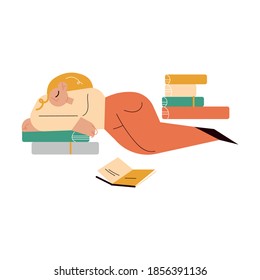 Young sleepy woman lying on floor with heap of books and napping