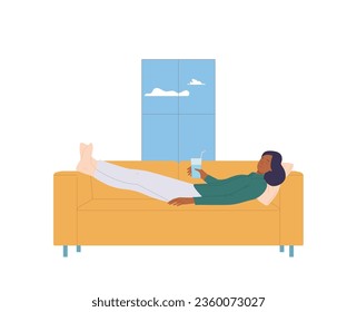 Young sleepy woman lying on sofa drinking water enjoying rest at home spending time on weekend