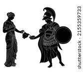 A young slender ancient Greek woman in tunic with a jug pouring water into a bowl for a warrior in armor with a shield. Figure isolated on white background.