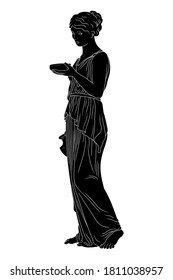 A young slender ancient Greek woman stands and holds a jug of wine and a bowl.