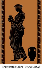 A young slender ancient Greek woman stands and holds a clay jug in her hands.