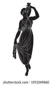 A young slender ancient Greek woman stands and holds a clay jug on her shoulder.