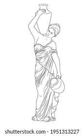 A young slender ancient Greek woman stands and holds a clay jug on her shoulder.