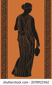 A young slender ancient Greek woman with a jug in her hand stands with her back and looks to the side.