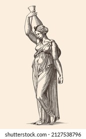 A Young Slender Ancient Greek Woman In Tunic With A Jug In Her Hand. Medieval Engraving On A Beige Background.