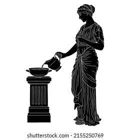 A young slender ancient Greek woman in tunic with a jug pouring water into a bowl. Figure isolated on white background.