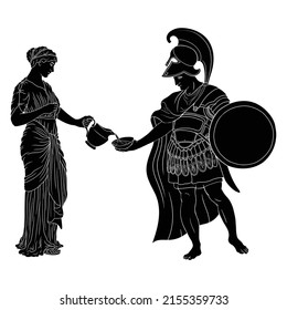 A young slender ancient Greek woman in tunic with a jug pouring water into a bowl for a warrior in armor with a shield. Figure isolated on white background.