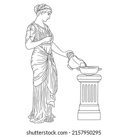 A young slender ancient Greek woman in tunic with a jug pouring water into a bowl. Figure isolated on white background.