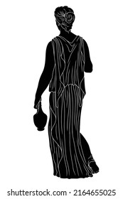 A young slender ancient Greek woman in tunic with a jug is standing and turned her back. Figure isolated on white background.