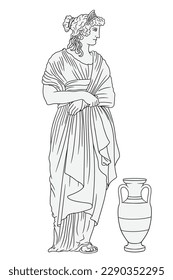 A young slender ancient Greek woman in tunic with a jug is standing. Figure isolated on white background.