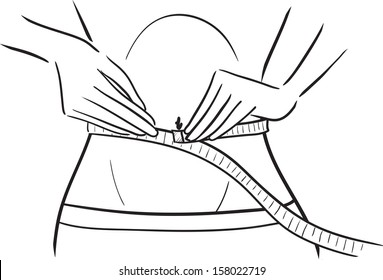 Young slender female measures the waist by tape. Vector monochrome picture drawing with black lines/Series woman and tape - Measuring size of waist 