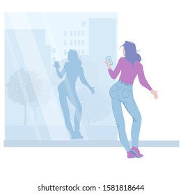 Young slender girl makes reflection selfies in a showcase against the backdrop of a city street. Cartoon Character Flat Design Vector Illustration