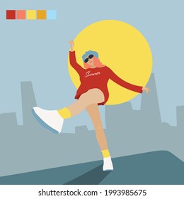Young slender girl with pink hair and sunglasses dancing and enjoying the summer 