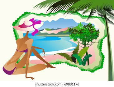 A young slender girl is sitting on a beach tropical  island