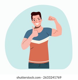 Young slender happy man in a sports shirt with thumbs up shows his biceps. Positive gesture, approval gesturing. Flat style cartoon vector illustration.   
